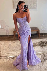 Lavanda sem alça de renda Ruched Mermaid Prom Dress com fenda