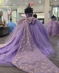 Lavender Tulle Ball Gown Sweetheart Quinceanera Dresses With Butterflies