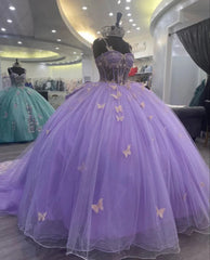 Lavender Tulle Ball Gown Sweetheart Quinceanera Dresses With Butterflies