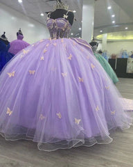 Lavender Tulle Ball Gown Sweetheart Quinceanera Dresses With Butterflies