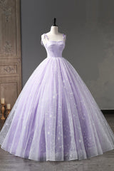 Lavender Tulle Straps Floor Length Evening Dresses, Lavender A-Line Prom Dresses