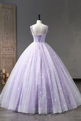 Lavender Tulle Straps Floor Length Evening Dresses, Lavender A-Line Prom Dresses