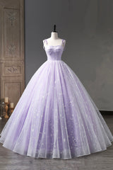 Lavender Tulle Straps Floor Length Evening Dresses, Lavender A-Line Prom Dresses