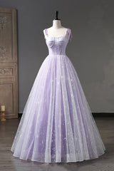 Lavender Tulle Straps Floor Length Evening Dresses, Lavender A-Line Prom Dresses