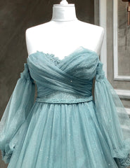 Light Blue A-line Long Sleeves Party Dresses with Lace, Sweetheart Long Prom Dresses