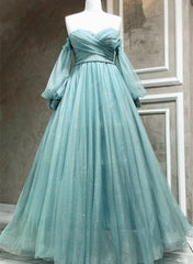 Light Blue A-line Long Sleeves Party Dresses with Lace, Sweetheart Long Prom Dresses