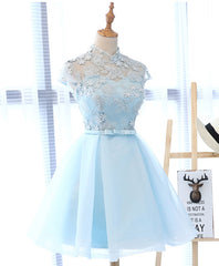 Light Blue Applique Short Prom Dresses, Blue Homecoming Dresses