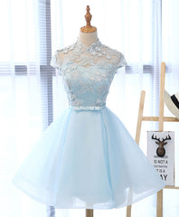 Light Blue Applique Short Prom Dresses, Blue Homecoming Dresses