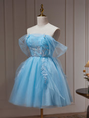 Light Blue Beaded Sweetheart Tulle Lace-up Party Dresses, Blue Short Homecoming Dresses