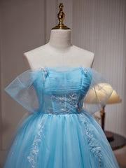 Light Blue Beaded Sweetheart Tulle Lace-up Party Dresses, Blue Short Homecoming Dresses