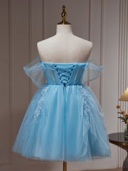 Light Blue Beaded Sweetheart Tulle Lace-up Party Dresses, Blue Short Homecoming Dresses