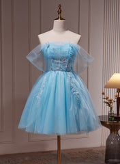 Light Blue Beaded Sweetheart Tulle Lace-up Party Dresses, Blue Short Homecoming Dresses