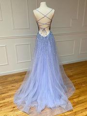 Light Blue Glitter Tulle Long Prom Dresses