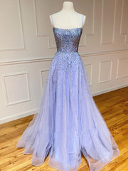 Light Blue Glitter Tulle Long Prom Dresses