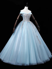 Light Blue Off Shoulder Flowers Tulle Long Party Dresses, Light Blue Sweet 16 Dresses