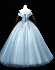 Light Blue Off Shoulder Flowers Tulle Long Party Dresses, Light Blue Sweet 16 Dresses