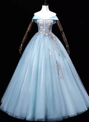 Light Blue Off Shoulder Flowers Tulle Long Party Dresses, Light Blue Sweet 16 Dresses