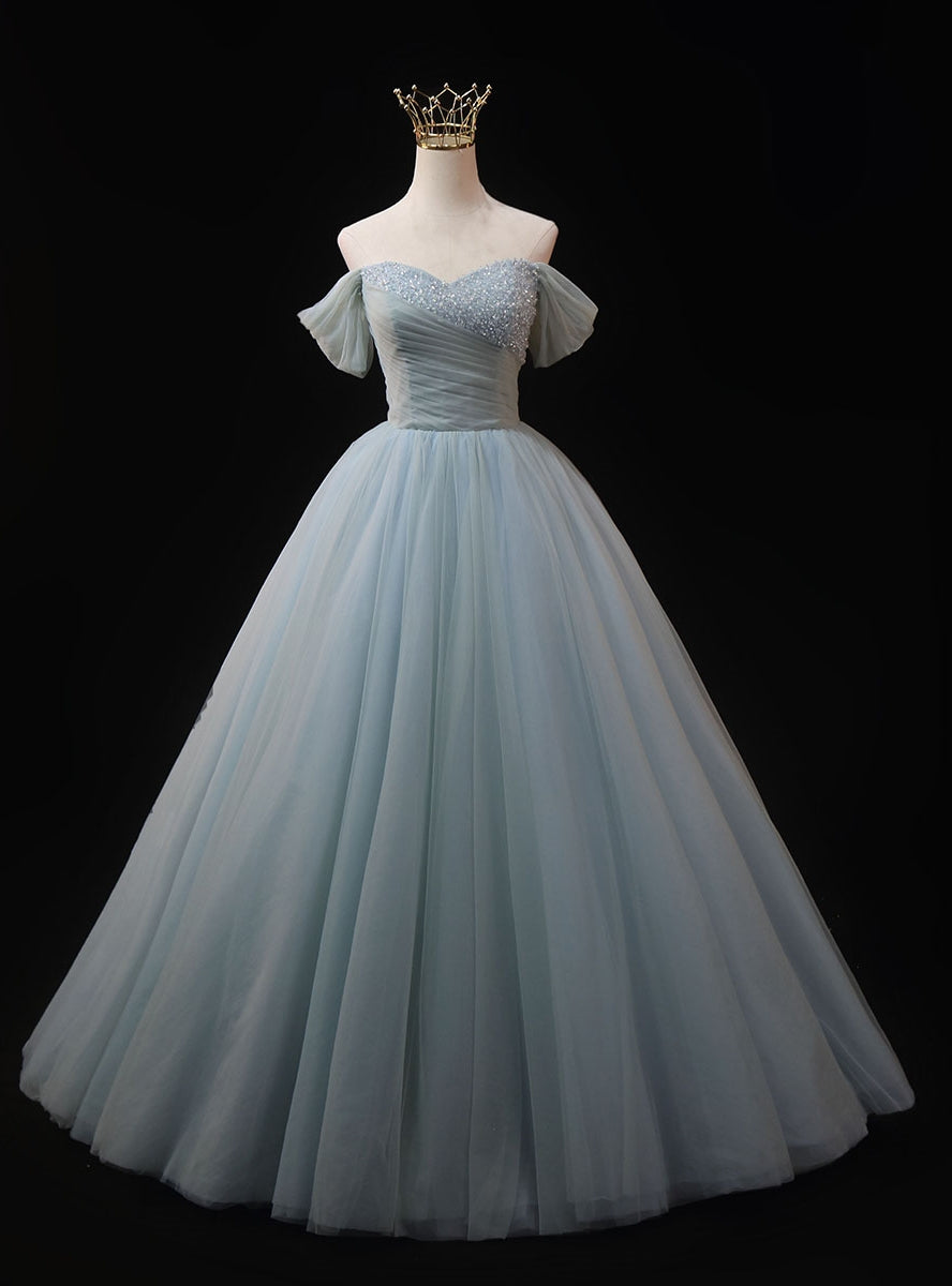 Light Blue Off the Shoulder Tulle Beading Prom Dress