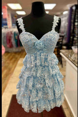 Light Blue Rosette Sequin Baby Doll Short Party Dresses