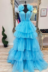 Light Blue Ruffle Straps A-Line Tiered Prom Dresses