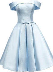 Light Blue Satin Off Shoulder Knee Length Homeoming Dresses, Blue Short Prom Dresses