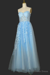 Light Blue Sweetheart Tulle Lace Prom Dresses Long Evening Party Dresses