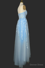 Light Blue Sweetheart Tulle Lace Prom Dresses Long Evening Party Dresses