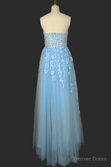 Light Blue Sweetheart Tulle Lace Prom Dresses Long Evening Party Dresses