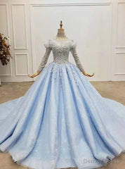 Light Blue Tuille High Neck Long Sleeve Beading Wedding Dress