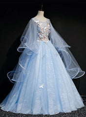 Light Blue Tulle A-line Party Dresses Blue Sweet 16 Gown with Flowers prom Dresses shops