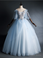 Light Blue Tulle Appliques Off the Shoulder Quinceanera Dress