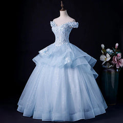 Light Blue Tulle Ball Gown Off Shoulder Sweet 16 Dresses Blue Formal Dresses with Lace prom Dresses shops