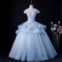 Light Blue Tulle Ball Gown Off Shoulder Sweet 16 Dresses Blue Formal Dresses with Lace prom Dresses shops