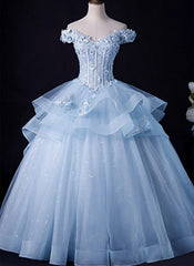 Light Blue Tulle Ball Gown Off Shoulder Sweet 16 Dresses Blue Formal Dresses with Lace prom Dresses shops