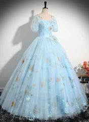 Light Blue Tulle Floor Length Prom Dresses, Beautiful Short Sleeves Sweet 16 Dresses