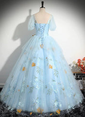 Light Blue Tulle Floor Length Prom Dresses, Beautiful Short Sleeves Sweet 16 Dresses