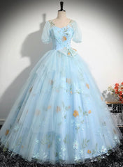 Light Blue Tulle Floor Length Prom Dresses, Beautiful Short Sleeves Sweet 16 Dresses