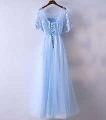 Light Blue Tulle Lace Long Prom Dresses, Blue Lace Graduation Dresses