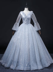 Light Blue Tulle Long Sleeve Quinceanera Dress