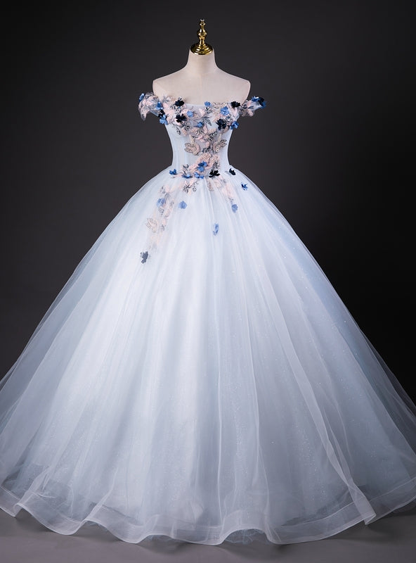 Light Blue Tulle Off the Shoulder Appliques Quinceanera Dress