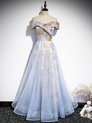 Light Blue Tulle Sequins Off the Shoulder Prom Dress