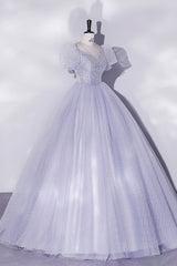 Light Blue Tulle Sequins Prom Dresses, Scoop Neck Short Sleeve Puffy Floor-Length Evening Dresses