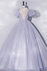 Light Blue Tulle Sequins Prom Dresses, Scoop Neck Short Sleeve Puffy Floor-Length Evening Dresses