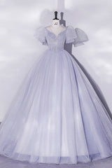 Light Blue Tulle Sequins Prom Dresses, Scoop Neck Short Sleeve Puffy Floor-Length Evening Dresses