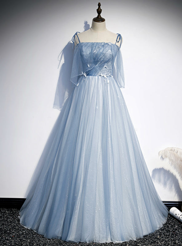 Light Blue Tulle Spaghetti Straps Appliques Prom Dress