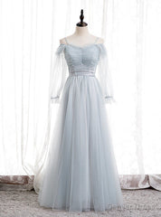 Light Blue Tulle Spaghetti Straps Long Sleeve Pleats Prom Dress