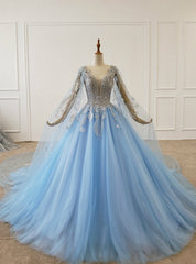 Light Blue Tulle V-neck See Through Back Beading Sequins Wedding Dresses