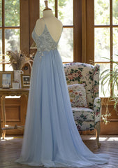 Light Blue Tulle V-neckline Straps with Lace Long Party Dresses, Blue A-line Prom Dresses