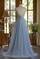 Light Blue Tulle V-neckline Straps with Lace Long Party Dresses, Blue A-line Prom Dresses