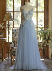 Light Blue Tulle V-neckline Straps with Lace Long Party Dresses, Blue A-line Prom Dresses